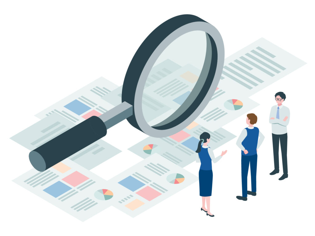 イラスト素材:虫眼鏡の前で悩む人