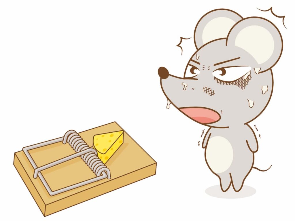 イラスト素材:ネズミ捕りに焦るねずみ